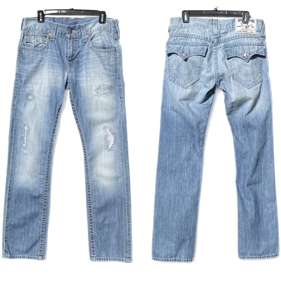 TRUE RELIGION Men’s Straight Leg with Back Flap Pocket Light Wash Distressed 31 - Picture 1 of 9